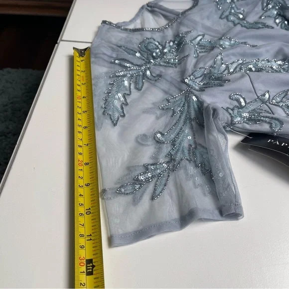 NWT Adrianna Papell Boutique Glacier Pale Blue Beaded Illusion Cocktail Gown 12 - Picture 13 of 16
